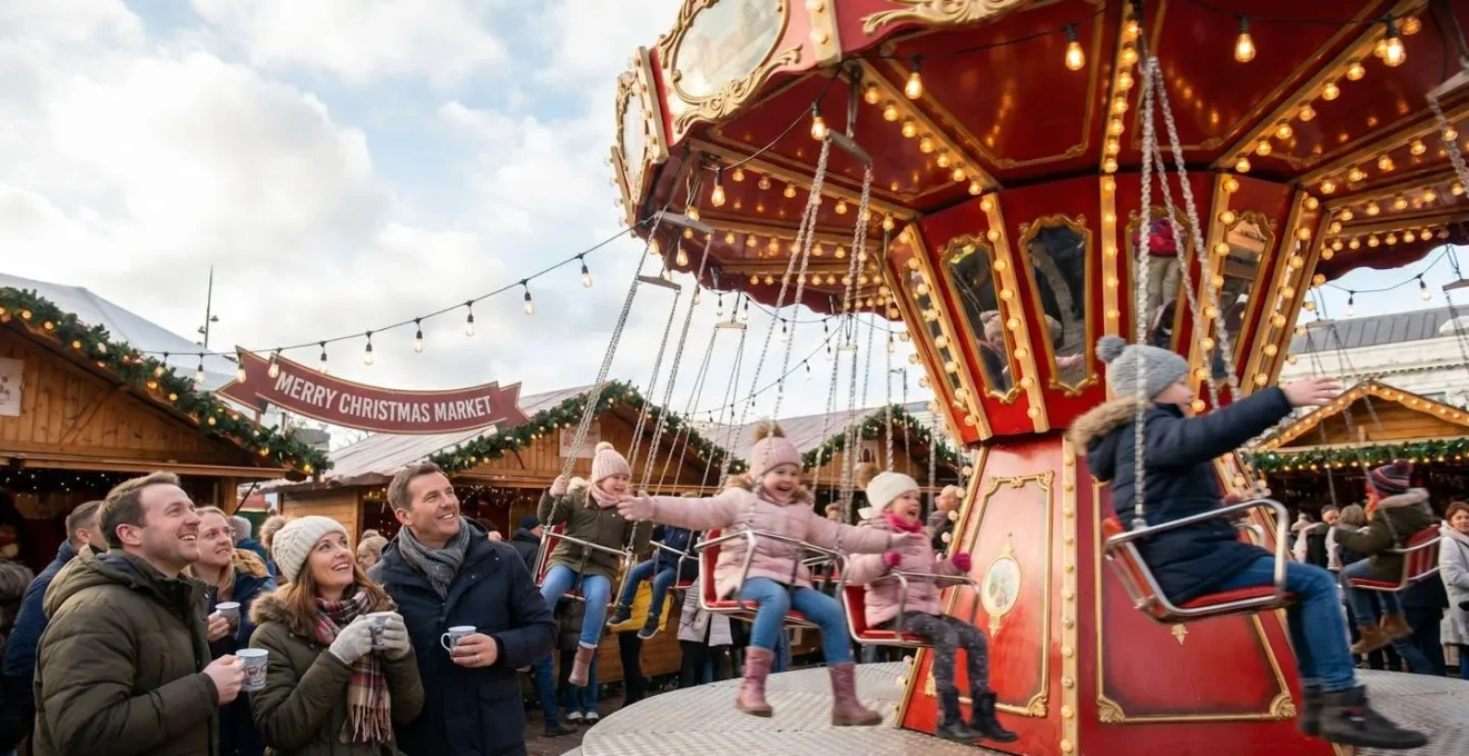 Carrousel à chaises volantes rouge en fonctionnement lors d'un événement festif, enfants souriants en vol circulaire