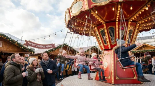 Carrousel à chaises volantes rouge en fonctionnement lors d'un événement festif, enfants souriants en vol circulaire